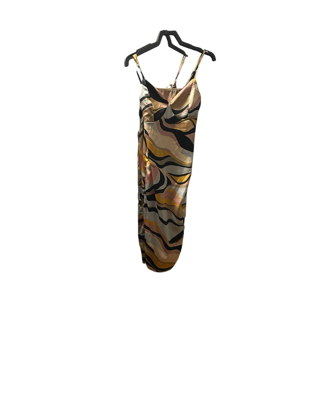 Retro Abstract Swirl Print Satin Midi Dress – Pink & Yellow – Size [m] - Picture 5 of 9